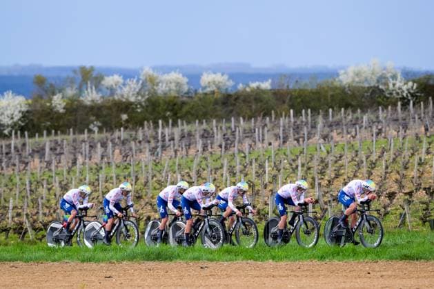 Team TotalEnergies riders pictured in action during the third stage of 84th edition of the Paris-Nice cycling race, a team time trial from Cosne-Cours-sur-Loire to Pouilly-sur-Loire (23,5 km), on Tuesday 10 March 2026. DAVIDxPINTENS  x167054209x