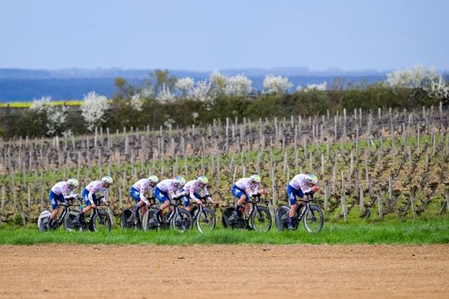 Team TotalEnergies riders pictured in action during the third stage of 84th edition of the Paris-Nice cycling race, a team time trial from Cosne-Cours-sur-Loire to Pouilly-sur-Loire (23,5 km), on Tuesday 10 March 2026. DAVIDxPINTENS  x167054227x