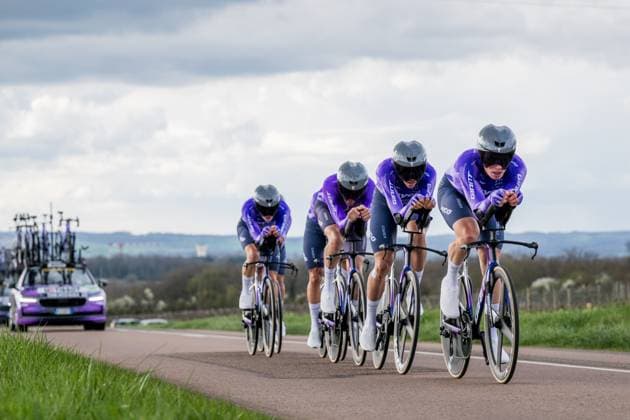 Team Jayco AIUIa riders pictured in action during the third stage of 84th edition of the Paris-Nice cycling race, a team time trial from Cosne-Cours-sur-Loire to Pouilly-sur-Loire (23,5 km), on Tuesday 10 March 2026. DAVIDxPINTENS  x167055506x