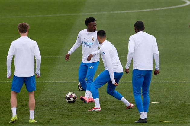 March 10, 2026, Madrid, Spain: Vinicius Junior (L) and Trent Alexander-Arnold (R) of Real Madrid CF seen in action during the training session at Ciudad Real Madrid, on the eve of the UEFA Champions League 2025 2026 Round of 16 first leg football match between Real Madrid CF and Manchester City. Real Madrid CF Training Session And press conference, PK, Pressekonferenz In Spain - 10 Mar 2026  - ZUMAs197 20260310_aaa_s197_011 Copyright: xFedericoxTitonex