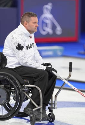(260310) -- CORTINA D AMPEZZO, March 10, 2026 -- Mark Ideson of Canada reacts during the wheelchair curling mixed team round robin session 7 match between China and Canada at the Milan-Cortina 2026 Paralympic Winter games, Winterspiele,Spiele, Summer games in Cortina D ampezzo, Italy, March 10, 2026. ) (SP)ITALY-CORTINA D AMPEZZO-PARALYMPIC WINTER GAMES-WHEELCHAIR CURLING-MIXED TEAM-ROUND ROBIN-CHN VS CAN CaixYang 