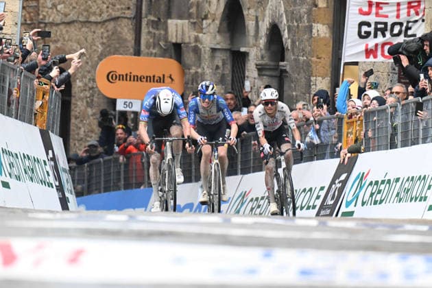 10-03-2026 Tirreno - Adriatico; Tappa 02 Camaiore - San Gimignano; 2026, Alpecin - Premier Tech; 2026, Uae Emirates - Xrg; 2026, Red Bull - Bora Hansgrohe; Van Der Poel, Mathieu; Del Toro Romero, Isaac; Pellizzari, Giulio; San Gimignano; 