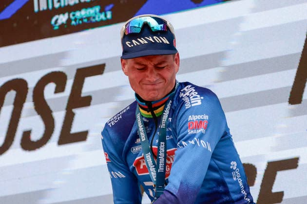 March 10, 2026, San Gimignano: San Gimigniano. Mathieu Van Der Poel of the Alpecin - Premier Tech team celebrates on the podium after winning the second stage, from Camaiore to San Gimigniano, of the 61st edition of the Tirreno-Adriatico. March 10, 2026. San Gimigniano. ROBERTO BETTINI ANSA. Ciclismo: Tirreno Adriatico, Van Der Poel Vince La Seconda Tappa  - ZUMAa110 20260310_zaf_a110_011 Copyright: xRobertoxBettinix