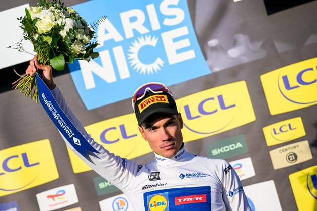 Spanish Juan Ayuso of Lidl-Trek pictured on the podium after the third stage of 84th edition of the Paris-Nice cycling race, a team time trial from Cosne-Cours-sur-Loire to Pouilly-sur-Loire (23,5 km), on Tuesday 10 March 2026. DAVIDxPINTENS  x167067149x