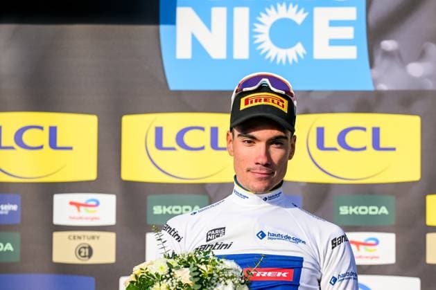 Spanish Juan Ayuso of Lidl-Trek pictured on the podium after the third stage of 84th edition of the Paris-Nice cycling race, a team time trial from Cosne-Cours-sur-Loire to Pouilly-sur-Loire (23,5 km), on Tuesday 10 March 2026. DAVIDxPINTENS  x167067676x