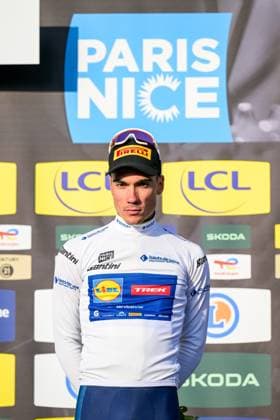 Spanish Juan Ayuso of Lidl-Trek pictured on the podium after the third stage of 84th edition of the Paris-Nice cycling race, a team time trial from Cosne-Cours-sur-Loire to Pouilly-sur-Loire (23,5 km), on Tuesday 10 March 2026. DAVIDxPINTENS  x167067697x