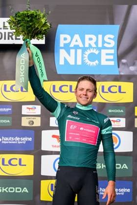 German Max Kanter of XDS Astana Team pictured on the podium after the third stage of 84th edition of the Paris-Nice cycling race, a team time trial from Cosne-Cours-sur-Loire to Pouilly-sur-Loire (23,5 km), on Tuesday 10 March 2026. DAVIDxPINTENS  x167068263x