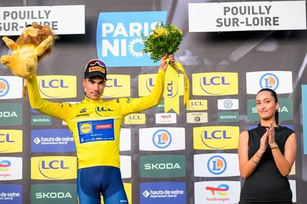 Spanish Juan Ayuso of Lidl-Trek wearing the yellow jersey of leader in the overall ranking the third stage of 84th edition of the Paris-Nice cycling race, a team time trial from Cosne-Cours-sur-Loire to Pouilly-sur-Loire (23,5 km), on Tuesday 10 March 2026. DAVIDxPINTENS  x167069098x