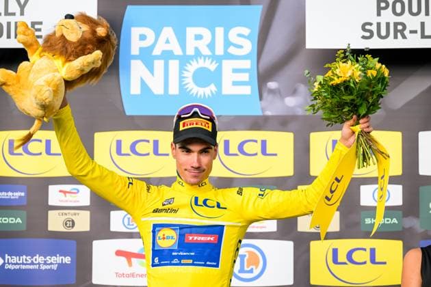 Spanish Juan Ayuso of Lidl-Trek wearing the yellow jersey of leader in the overall ranking the third stage of 84th edition of the Paris-Nice cycling race, a team time trial from Cosne-Cours-sur-Loire to Pouilly-sur-Loire (23,5 km), on Tuesday 10 March 2026. DAVIDxPINTENS  x167069106x
