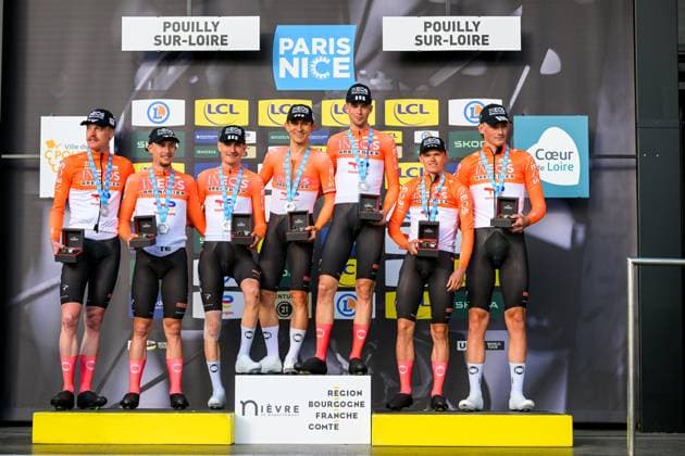 INEOS Grenadiers riders celebrate on the podium after winning the third stage of 84th edition of the Paris-Nice cycling race, a team time trial from Cosne-Cours-sur-Loire to Pouilly-sur-Loire (23,5 km), on Tuesday 10 March 2026. DAVIDxPINTENS  x167069131x