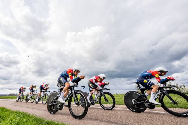 Lidl-Trek riders pictured in action during the third stage of 84th edition of the Paris-Nice cycling race, a team time trial from Cosne-Cours-sur-Loire to Pouilly-sur-Loire (23,5 km), on Tuesday 10 March 2026. DAVIDxPINTENS  x167069166x