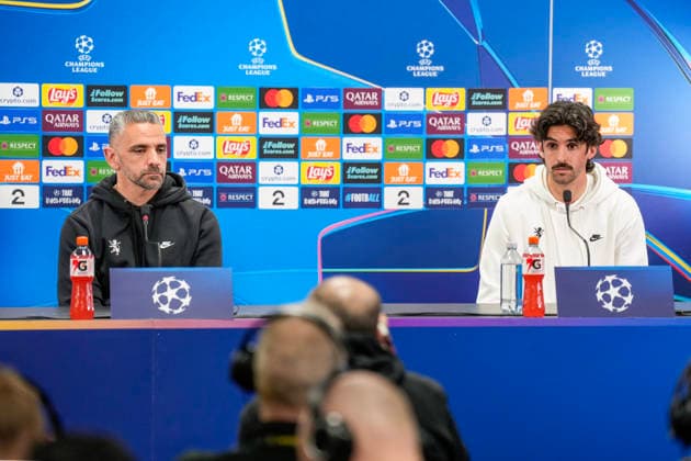 Football, press conference with Sporting Bodo, Norway 20260310 Sporting coach Rui Borges and Francisco Trincao during a press conference with Sporting at Aspmyra stadium before the Champions League football match against Bodo Glimt Photo Fredrik Varfjell NTB Bodo Norway EDITORIAL USE ONLY RESTRICTED USE FOR BETTING COMPANIES  Copyright: xFredrikxVarfjellx xNTBx