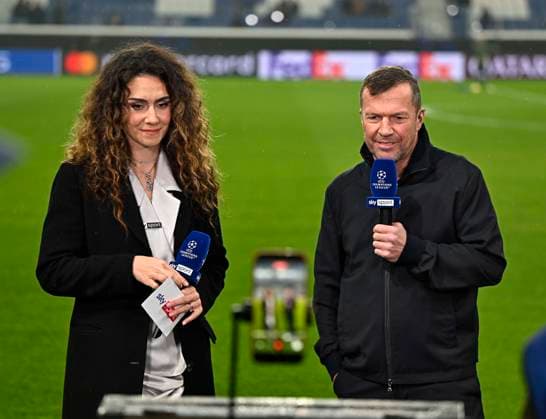 10 03 2026, Football UEFA Championsleague 2025 2026 Round of 16, Atalanta Bergamo FC Bayern Munich, in the New Balance Arena Bergamo, Italy , Kimberly Budinsky and Lothar Matthäus Germany DFL and DFB regulations prohibit any use of photographs as image sequences and or quasi video