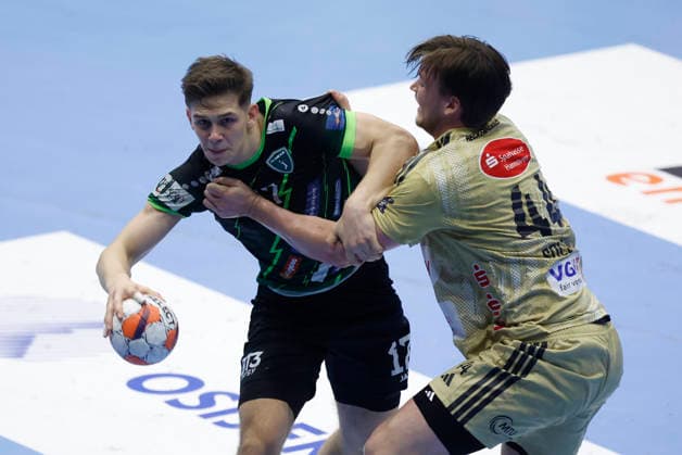 RK Nexe v Recken v TSV Hannover-Burgdorf - EHF European League Men 2025 2026 NASICE, CROATIA - MARCH 10: Matko Moslavac of RK Nexe and Thomas Solstad of TSV Hannover-Burgdorf in action during the EHF European League Men 2025 2026 match between RK Nexe and Recken - TSV Hannover-Burgdorf at Sports Hall King Tomislav on March 10, 2026 in Nasice, Croatia.  DavorxJavorovic PIXSELL