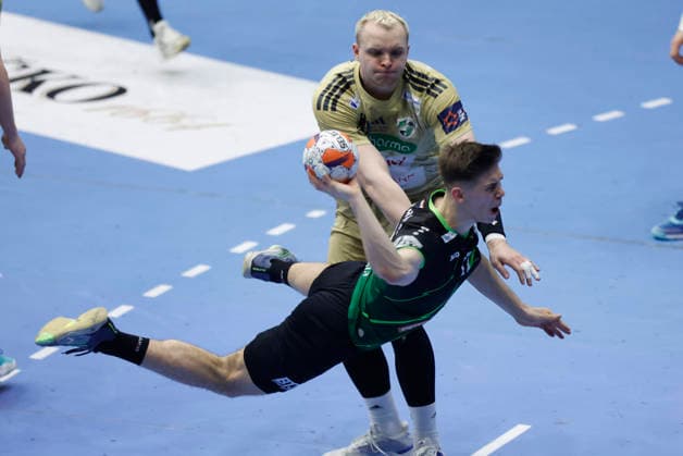 RK Nexe v Recken v TSV Hannover-Burgdorf - EHF European League Men 2025 2026 NASICE, CROATIA - MARCH 10: Justus Fischer of TSV Hannover-Burgdorf and Matko Moslavac of RK Nexe in action during the EHF European League Men 2025 2026 match between RK Nexe and Recken - TSV Hannover-Burgdorf at Sports Hall King Tomislav on March 10, 2026 in Nasice, Croatia.  DavorxJavorovic PIXSELL