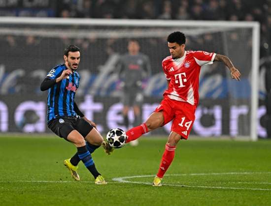 10 03 2026, Football UEFA Championsleague 2025 2026 Round of 16, Atalanta Bergamo FC Bayern München, in the New Balance Arena Bergamo, Italy , Luis Diaz FC Bayern München DFL and DFB regulations prohibit any use of photographs as image sequences and or quasi video
