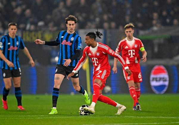 10 03 2026, Football UEFA Championsleague 2025 2026 Round of 16, Atalanta Bergamo FC Bayern Munich, in the New Balance Arena Bergamo, Italy , Michael Olise FC Bayern Munich prevails DFL and DFB regulations prohibit any use of photographs as image sequences and or quasi video