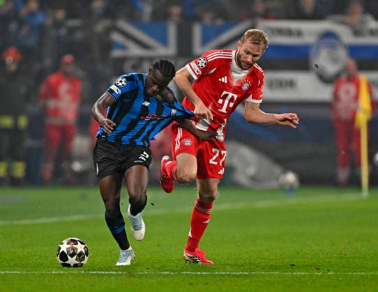 10 03 2026, Football UEFA Championsleague 2025 2026 Round of 16, Atalanta Bergamo FC Bayern München, in the New Balance Arena Bergamo, Italy , Konrad Laimer FC Bayern München prevails DFL and DFB regulations prohibit any use of photographs as image sequences and or quasi video