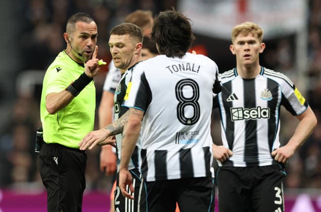 Newcastle Upon Tyne, England, 10th March 2026. Referee Marco Guida warns Sandro Tonali of Newcastle United during the Newcastle United vs FC Barcelona, Barca UEFA Champions League match at St. James Park, Newcastle Upon Tyne. Picture credit should read: Nigel Roddis Sportimage EDITORIAL USE ONLY. No use with unauthorised audio, video, data, fixture lists, club league logos or live services. Online in-match use limited to 120 images, no video emulation. No use in betting, games or single club league player publications. SPI_034_NR_NEWC_BARCx SPI-4596-0034