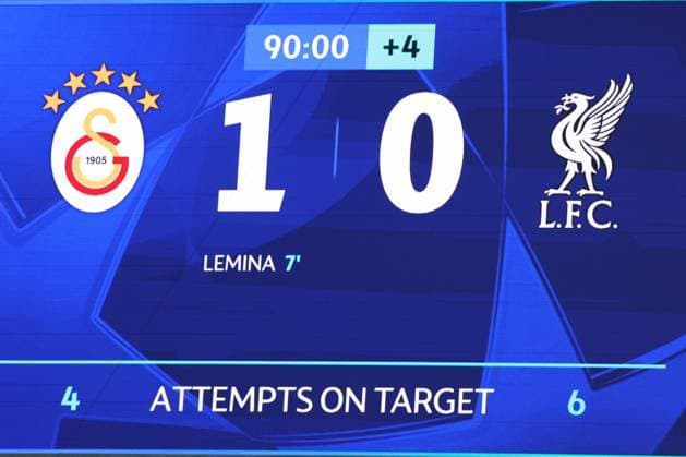 ISTANBUL, TURKEY, MAR. 10, 2026 SOCCER UEFA CHAMPIONS LEAGUE ROUND OF 16 1ST LEG, GALATASARAY vs. LIVERPOOL Final score displayed on the stadium scoreboard after the match. ISTANBUL ISTANBUL, TURKEY RAMS Park RAMS Park, Istanbul TURKEY