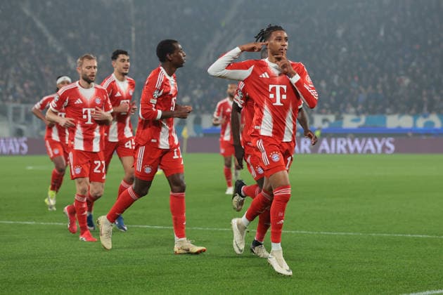 Bergamo, Italy, 10th March 2026. Michael Olise of Bayern Munchen celebrates with team mates after scoring to give the side a 2-0 lead during the Atalanta vs Bayern Munich UEFA Champions League match at Gewiss Stadium, Bergamo. Picture credit should read: Jonathan Moscrop Sportimage EDITORIAL USE ONLY. No use with unauthorised audio, video, data, fixture lists, club league logos or live services. Online in-match use limited to 120 images, no video emulation. No use in betting, games or single club league player publications. SPI_005_ATALANTA_BAYERN_UCL SPI-4583-0004