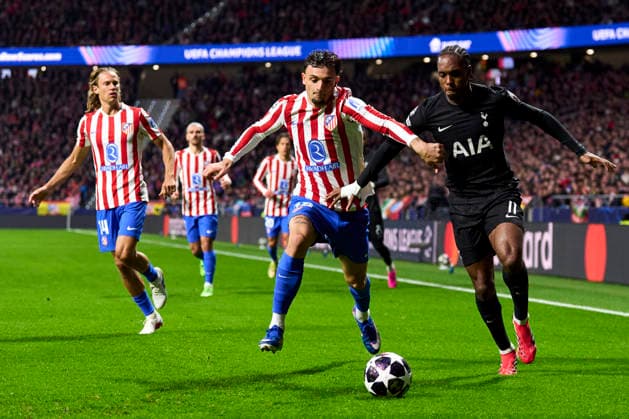 SOCCER- Matchday Round of 16 of UEFA Champions League match between Atletico de Madrid and Tottenham Hotspur at Riyadh Air Metropolitano Stadium on March 10, 2026. Mathys Tel of Tottenham Hotspur battles for the ball with Marc Pubill of Atletico de Madrid during the UEFA Champions League match between Atletico de Madrid and Tottenham Hotspur at Riyadh Air Metropolitano Stadium on March 10, 2026. Madrid Madrid Spain EDITORIAL USE ONLY Copyright: xx Chechu,xSENIS-CEBOLLAx xALFAQUIx dpphotos201207