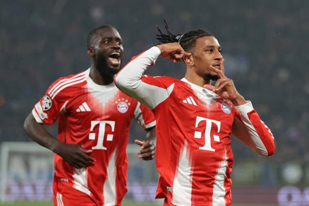 Bergamo, Italy, 10th March 2026. Michael Olise of Bayern Munchen celebrates with team mate Dayot Upamecano after scoring to give the side a 2-0 lead during the Atalanta vs Bayern Munich UEFA Champions League match at Gewiss Stadium, Bergamo. Picture credit should read: Jonathan Moscrop Sportimage EDITORIAL USE ONLY. No use with unauthorised audio, video, data, fixture lists, club league logos or live services. Online in-match use limited to 120 images, no video emulation. No use in betting, games or single club league player publications. SPI_008_ATALANTA_BAYERN_UCL SPI-4583-0008