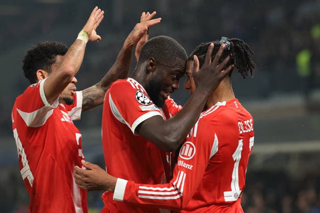 Bergamo, Italy, 10th March 2026. Michael Olise of Bayern Munchen celebrates with team mates Dayot Upamecano and Luis Diaz after scoring to give the visitors a 2-0 lead during the Atalanta vs Bayern Munich UEFA Champions League match at Gewiss Stadium, Bergamo. Picture credit should read: Jonathan Moscrop Sportimage EDITORIAL USE ONLY. No use with unauthorised audio, video, data, fixture lists, club league logos or live services. Online in-match use limited to 120 images, no video emulation. No use in betting, games or single club league player publications. SPI_013_ATALANTA_BAYERN_UCL SPI-4583-0013