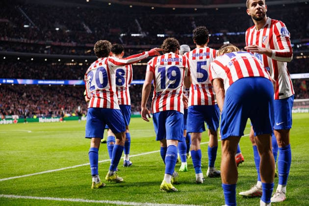 Players of Atletico Madrid seen celebrating after goal during UEFA Champions League round of 16 game between teams of Atletico de Madrid and Tottenham Hotspur Football Club (Joao Gregorio Ball Raw Images) Madrid Riyadh Air Metropolitano Spain Copyright: xJoaoxGregoriox joaogregorio_atletico_tottenham_2526joaogregorio_atletico_tottenham0051