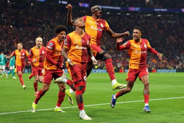 2026-03-10 Galatasaray SK v Liverpool FC - UEFA Champions League 2025 26 Round of 16 First Leg ISTANBUL, TURKEY - MARCH 10: Mario Lemina of Galatasaray SK celebrates after scoring the team s first goal with Mario Lemina of Galatasaray SK and Gabriel Sara of Galatasaray SK during the UEFA Champions League 2025 26 Round of 16 First Leg match between Galatasaray SK and Liverpool FC at Ali Sami Yen Spor Kompleksi on March 10, 2026 in Istanbul, Turkey. (Photo by BSR Agency) Istanbul Turkey Content not available for redistribution in The Netherlands directly or indirectly through any third parties. Copyright: xBSRxAgencyx