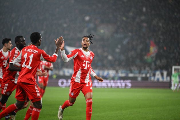 Michael Olise of Fc Bayern Monaco celebrating after a goal during the UEFA Champions League 2025 2026 16 first Leg match between Atalanta BC and FC Bayern Monaco, on 10 of March 2026, at New balance Arena stadium in Bergamo, Italy  Copyright: xTizianoxBallabio IPAxSportx xipa-agency.netx xx IPA_72681282 IPA_Agency_IPA72681282