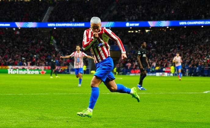 Antoine Griezmann of Atletico Madrid celebrates scoring a goal after making it 2-0 Atletico Madrid v Tottenham Hotspur, UEFA Champions League, Round of 16, First Leg, Football, Riyadh Air Metropolitano, Madrid, Spain - 10 Mar 2026Madrid Riyadh Air Metropolitano Spain EDITORIAL USE ONLY No use with unauthorised audio, video, data, fixture lists, club league logos or live services. Online in-match use limited to 120 images, no video emulation. No use in betting, games or single club league player publications. Copyright: xJavierxGarcia Shutterstockx 16740273aq