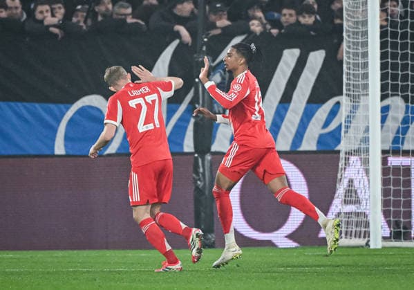 FOOTBALL CHAMPIONS LEAGUE SEASON 2025 2026 Round of 16 first leg 10 03 2026 Atalanta Bergamo FC Bayern Muenchen CHEERS FC Bayern Muenchen Goalscorers for 0 2 Michael Olise re and Konrad Laimer