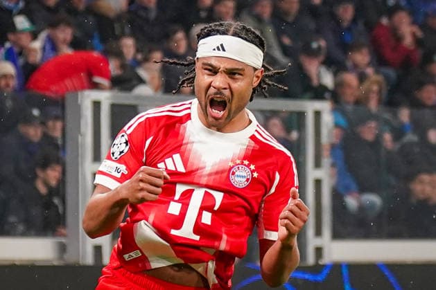 Italy Football UEFA Champions League 2025 2026, Round of 16 Atalanta Bergamo vs FC Bayern Munich New Balance Arena Bergamo Goal and goal celebration to 0 2 by Serge Gnabry FC Bayern Munich, 7 joy, emotion, cheering, facial expression, facial expression, emotion Copyright: xJOERANxSTEINSIEKx
