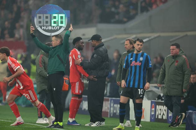 Bergamo, Italy, 10th March 2026. A distressed Alphonso Davies of Bayern Munchen is comforted by Vincent Company Head Coach of Bayern Munchen and Leonardo Colucci Assistant coach of Torino FC mates as he leaves the field of play after picking up an injury during the Atalanta vs Bayern Munich UEFA Champions League match at Gewiss Stadium, Bergamo. Picture credit should read: Jonathan Moscrop Sportimage EDITORIAL USE ONLY. No use with unauthorised audio, video, data, fixture lists, club league logos or live services. Online in-match use limited to 120 images, no video emulation. No use in betting, games or single club league player publications. SPI_016_ATALANTA_BAYERN_UCL SPI-4583-0015