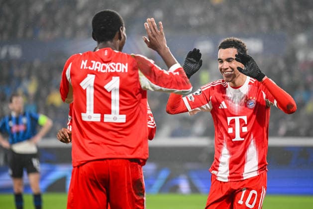 Jamal Musiala FC Bayern München celebrates after scoring his team s sixth goal with teammates during the UEFA Champions League 2025 26 Round of 16 First Leg match between Atalanta BC and FC Bayern München at Stadio di Bergamo on March 10, 2026 in Bergamo, Italy Photo by Harry Langer DeFodi Images