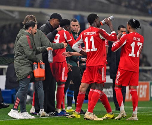 10 03 2026, Football UEFA Champions League 2025 2026 Round of 16, Atalanta Bergamo FC Bayern Munich, at the New Balance Arena Bergamo, Italy , Alphonso Davies FC Bayern Munich walks out of the match Coach Vincent Kompany FC Bayern Munich gives consolation DFL and DFB regulations prohibit any use of photographs as image sequences and or quasi video