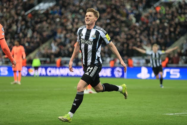 Newcastle United vs. FC Barcelona 10. März 2026 Newcastle upon Tyne UEFA Champions League Achtelfinale Newcastle United vs. FC Barcelona Harvey Barnes von Newcastle United jubelt nach dem Führungstreffer Foto Simon Stacpoole Abseits Newcastle upon Tyne UK  Copyright: xSimonxStacpoolexOffside