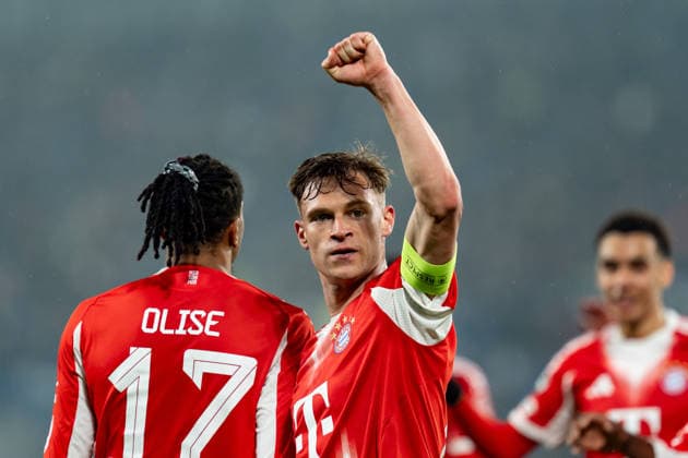 Atalanta BC v Bayern Munchen - UEFA Champions League Michael Olise of FC Bayern Munchen celebrates with Joshua Kimmich after scoring fifth goal during the serie UEFA Champions League 2025 26 Round of 16 match between Atalanta BC and FC Bayern Munchen at Gewiss Stadium on March 10, 2026 in Bergamo, Italy Bergamo Gewiss Stadium Bergamo Italy Copyright: xGiuseppexMaffiax 260310_UCL_Atalanta-BayernMunchen_GM_09182