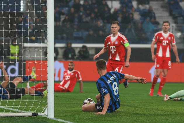 Bergamo, Italy, 10th March 2026. Mario Pasalic of Atalanta scores to pull a goal back and reduce the arrears to 6-1 during the Atalanta vs Bayern Munich UEFA Champions League match at Gewiss Stadium, Bergamo. Picture credit should read: Jonathan Moscrop Sportimage EDITORIAL USE ONLY. No use with unauthorised audio, video, data, fixture lists, club league logos or live services. Online in-match use limited to 120 images, no video emulation. No use in betting, games or single club league player publications. SPI_023_ATALANTA_BAYERN_UCL SPI-4583-0026