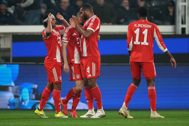 Bergamo, Italy, 10th March 2026. Serge Gnabry of Bayern Munchen celebrates with team mates after scoring to give the visitors a 3-0 lead during the Atalanta vs Bayern Munich UEFA Champions League match at Gewiss Stadium, Bergamo. Picture credit should read: Jonathan Moscrop Sportimage EDITORIAL USE ONLY. No use with unauthorised audio, video, data, fixture lists, club league logos or live services. Online in-match use limited to 120 images, no video emulation. No use in betting, games or single club league player publications. SPI_034_ATALANTA_BAYERN_UCL SPI-4583-0037