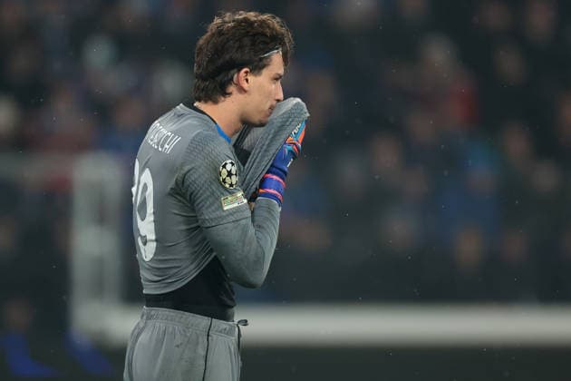 Bergamo, Italy, 10th March 2026. Marco Carnesecchi of Atalanta reacts after conceeding a third goal during the Atalanta vs Bayern Munich UEFA Champions League match at Gewiss Stadium, Bergamo. Picture credit should read: Jonathan Moscrop Sportimage EDITORIAL USE ONLY. No use with unauthorised audio, video, data, fixture lists, club league logos or live services. Online in-match use limited to 120 images, no video emulation. No use in betting, games or single club league player publications. SPI_037_ATALANTA_BAYERN_UCL SPI-4583-0040