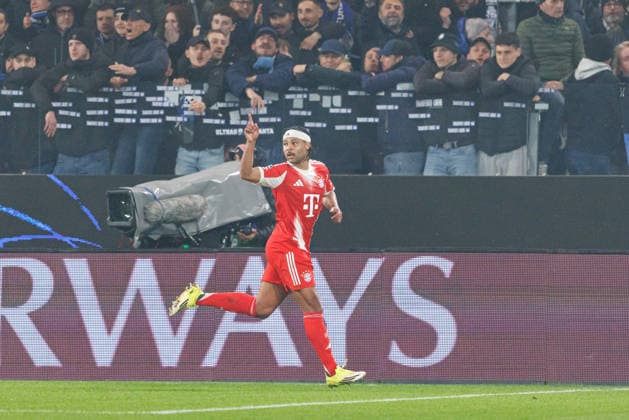 Serge Gnabry seen celebrating after goal during Champions League Round of 16 game between teams of Atalanta Bergamo and Bayern Munchen (Maciej Rogowski Ball Raw Images) Bergamo Estadio Atleti Azzurri d Italia Italy Copyright: xMaciejxRogowskix maciejrogowski_atalanta_bayern_2526_ROG4284