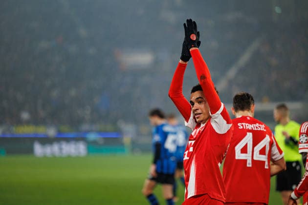 Jamal Musiala seen celebrating after goal during Champions League Round of 16 game between teams of Atalanta Bergamo and Bayern Munchen (Maciej Rogowski Ball Raw Images) Bergamo Estadio Atleti Azzurri d Italia Italy Copyright: xMaciejxRogowskix maciejrogowski_atalanta_bayern_2526_ROG5363
