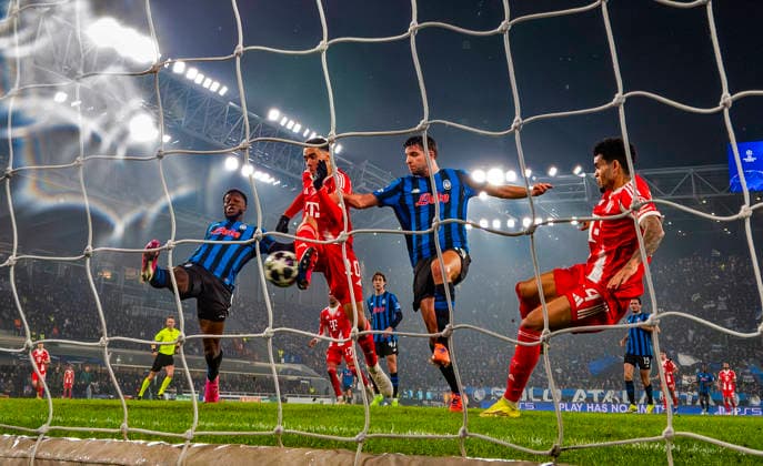 10 03 2026, Football UEFA Champions League 2025 2026 Round of 16, Atalanta Bergamo FC Bayern Munich, in the New Balance Arena Bergamo, Italy , Goal kick to 6 0 by Jamal Musiala 2 v lI, Bayern Munich re Luis Diaz FC Bayern Munich , lI Yunus Musah Atalanta Bergamo , 3 v lI Berat Djimsiti Atalanta Bergamo