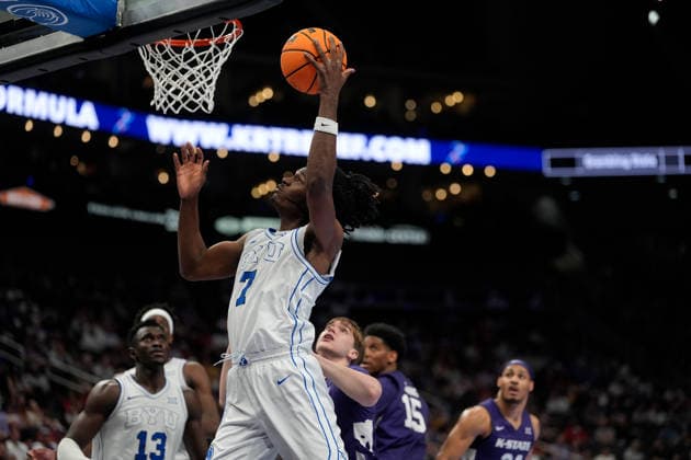 MAR 10 2026: BYU Cougars forward Khadim Mboup (7) puts up a shot against Kansas State Wildcats guard Andrej Kostic (47) in the Big 12 Championship Tournament at T-Mobile center, Kansas City, Missouri. CSM. NCAA, College League, USA Basketball 2026: Kansas State Vs BYU Big 12 Tournament  - ZUMAc04_ 20260310_zma_c04_126 Copyright: xJonxRobichaudx