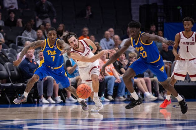March 10, 2026: Pittsburgh Panthers guard Damarco Minor (7), Stanford Cardinal guard Benny Gealer (5) and guard Barry Dunning Jr. (22) chase a loose ball during the second half of the 2025 ACC Men s Baskeetball Championship at Spectrum Center in Charlotte, NC. ( ) Charlotte United States - ZUMAc04_ 20260310_zma_c04_134 Copyright: xScottxKinserx