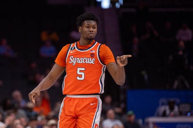 March 10, 2026: Syracuse Orange forward Tyler Betsey (5) celebrates a three point basket against the SMU Mustangs during the first half of the 2025 ACC Men s Baskeetball Championship at Spectrum Center in Charlotte, NC. ( ) Charlotte United States - ZUMAc04_ 20260310_zma_c04_140 Copyright: xScottxKinserx