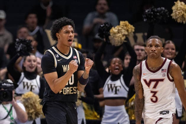 March 10, 2026: Wake Forest Demon Deacons guard Sebastian Akins (10) celebrates a turnover during the first half against the Virginia Tech Hokies in the 2025 ACC Men s Baskeetball Championship at Spectrum Center in Charlotte, NC. ( ) Charlotte United States - ZUMAc04_ 20260310_zma_c04_143 Copyright: xScottxKinserx