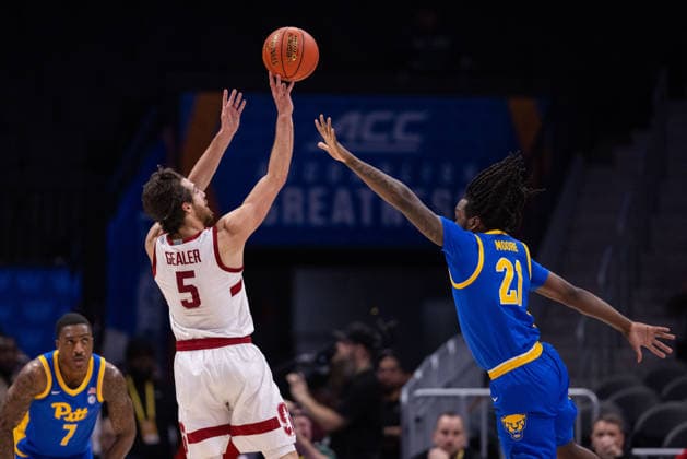 March 10, 2026: Stanford Cardinal guard Benny Gealer (5) shoots the ball over Pittsburgh Panthers guard MacAri Moore (21) during the first half of the 2025 ACC Men s Baskeetball Championship at Spectrum Center in Charlotte, NC. ( ) Charlotte United States - ZUMAc04_ 20260310_zma_c04_145 Copyright: xScottxKinserx